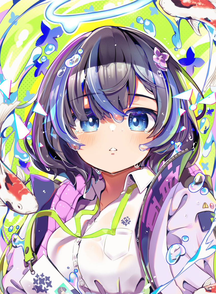 1girl, black_hair, blue_eyes, blue_hair, blush, breast_pocket, breasts, bubble