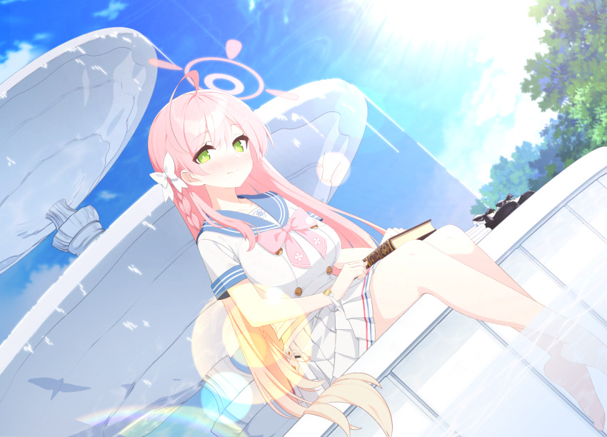 1girl, absurdres, ahoge, blue_archive, blue_eyes, blue_sailor_collar, blush, book, book_on_lap, braid, breasts, crop_top, crop_top_overhang, feet, fountain, full_body, game_cg, green_eyes, hair_ribbon, halo, hanako_(blue_archive), highres, huge_ahoge, kokosando, large_breasts, light_smile, long_hair, looking_at_viewer, non-web_source, official_art, pink_hair, pink_halo, pleated_skirt, ribbon, sailor_collar, school_uniform, serafuku, sitting, skirt, smile, solo, tree, very_long_hair, white_serafuku, white_skirt