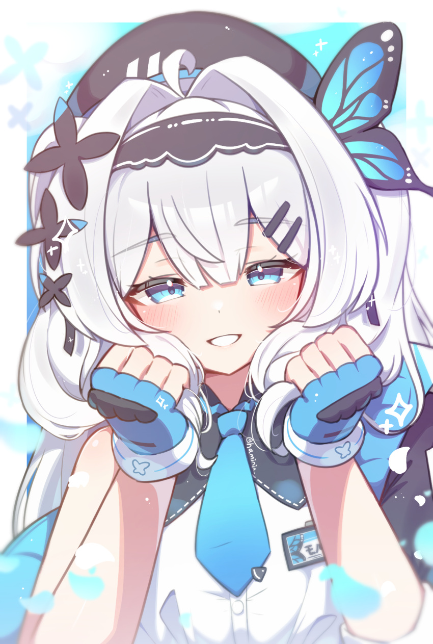 1girl, ahoge, beret, black_hairband, blue_eyes, blue_gloves, blue_necktie, blush