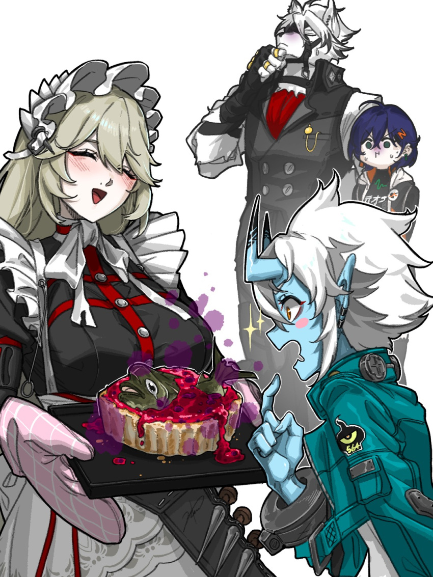 1boy, 3girls, ahoge, alexandrina_sebastiane, animal_nose, apron, bad_food, belle_(zenless_zone_zero)
