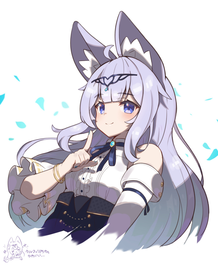 1girl, ahoge, animal_ear_fluff, animal_ears, artist_name, bangle, bare_shoulders, blue_eyes