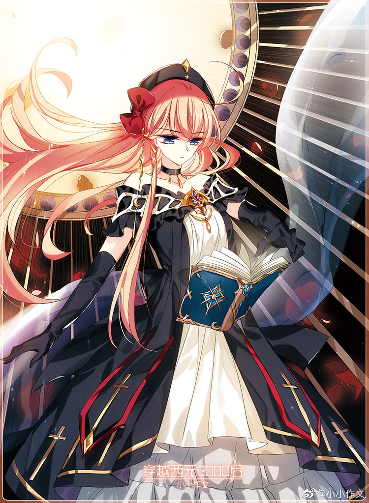 1girl, ahoge, arm_at_side, bare_shoulders, beret, black_background, black_choker, black_dress