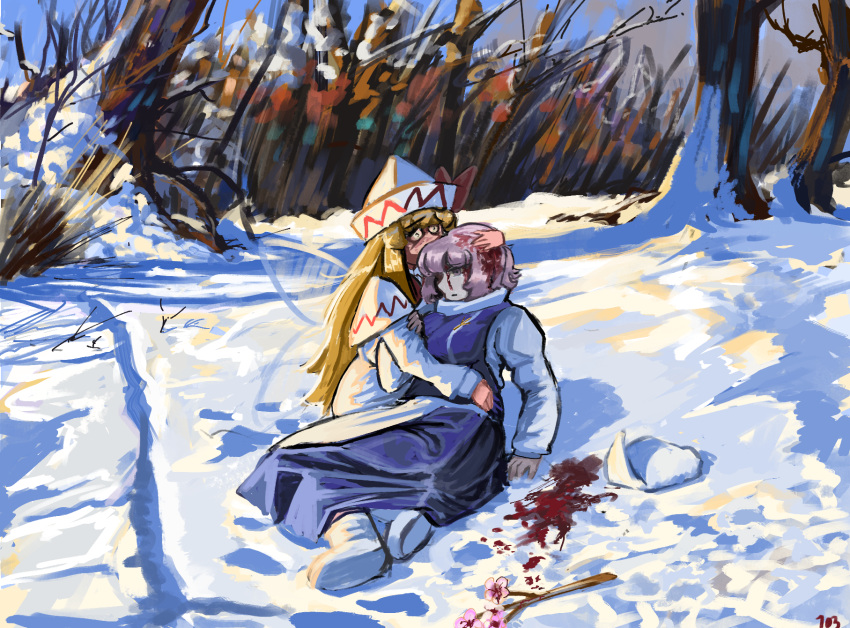 103anon, 2girls, apron, blonde_hair, blood, blood_in_hair, blood_on_face, blood_on_ground
