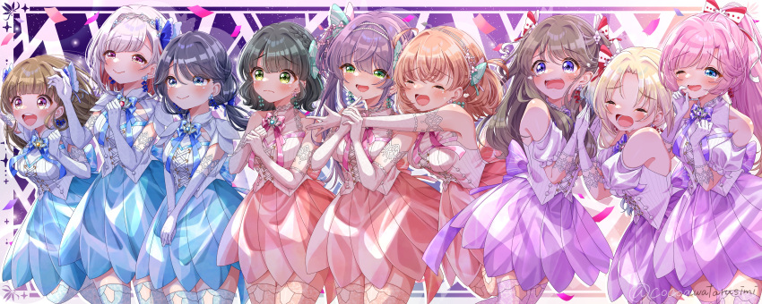 6+girls, :d, ^_^, absurdres, anyoji_hime, aurora_flower_(love_live!), bare_shoulders, bead_hairband