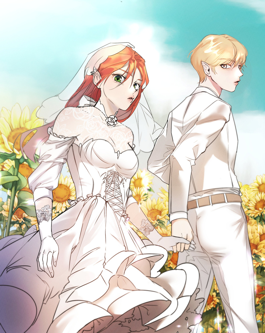 1boy, 1girl, absurdres, belt, blonde_hair, blue_sky, chocolat_meilleure, dress, flower, gloves, green_eyes, hashtag-only_commentary, highres, holding_hands, looking_at_viewer, looking_back, orange_hair, pants, pierre_tempete_de_neige, pointy_ears, sky, songyeye, sugar_sugar_rune, sunflower, white_dress, white_gloves, white_pants