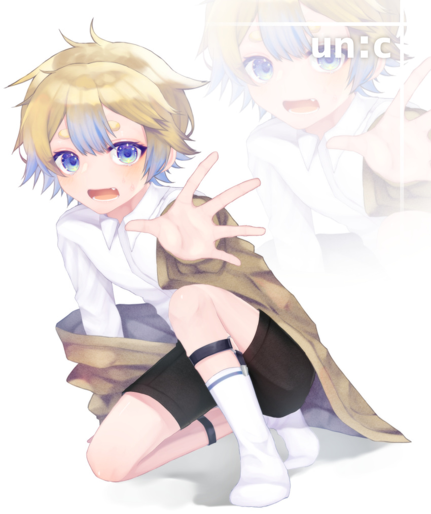 1boy, blonde_hair, blue_eyes, blue_hair, fang, highres, indie_utaite, jacket