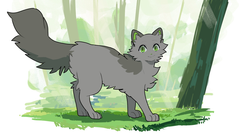 animal, animal_focus, cat, commentary, dovewing, fluffy, grass, green_eyes