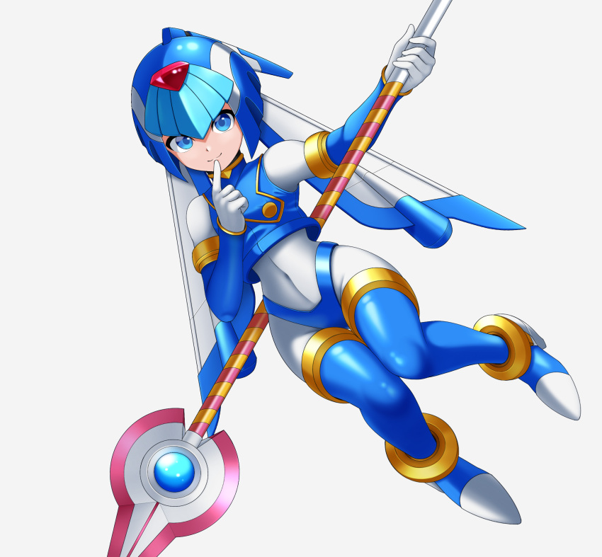 1girl, armor, blue_armor, blue_eyes, blue_helmet, bubble, fairy_leviathan_(mega_man), finger_to_mouth, fins, forehead_jewel, full_body, head_fins, helmet, highres, holding, holding_polearm, holding_weapon, jwc_vevo, mega_man_(series), mega_man_zero_(series), polearm, simple_background, solo, spear, underwater, weapon, white_background