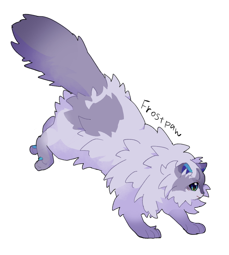 a_starless_clan, animal, animal_focus, aqua_eyes, cat, character_name, commentary, fluffy, from_side, frostdawn, grey_cat, minamia23, no_humans, pawpads, simple_background, solo, warrior_cats, white_background