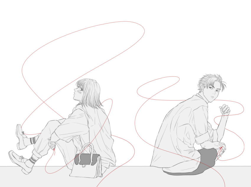 1boy, 1girl, bag, blunt_bangs, blush, closed_mouth, couple, facing_to_the_side