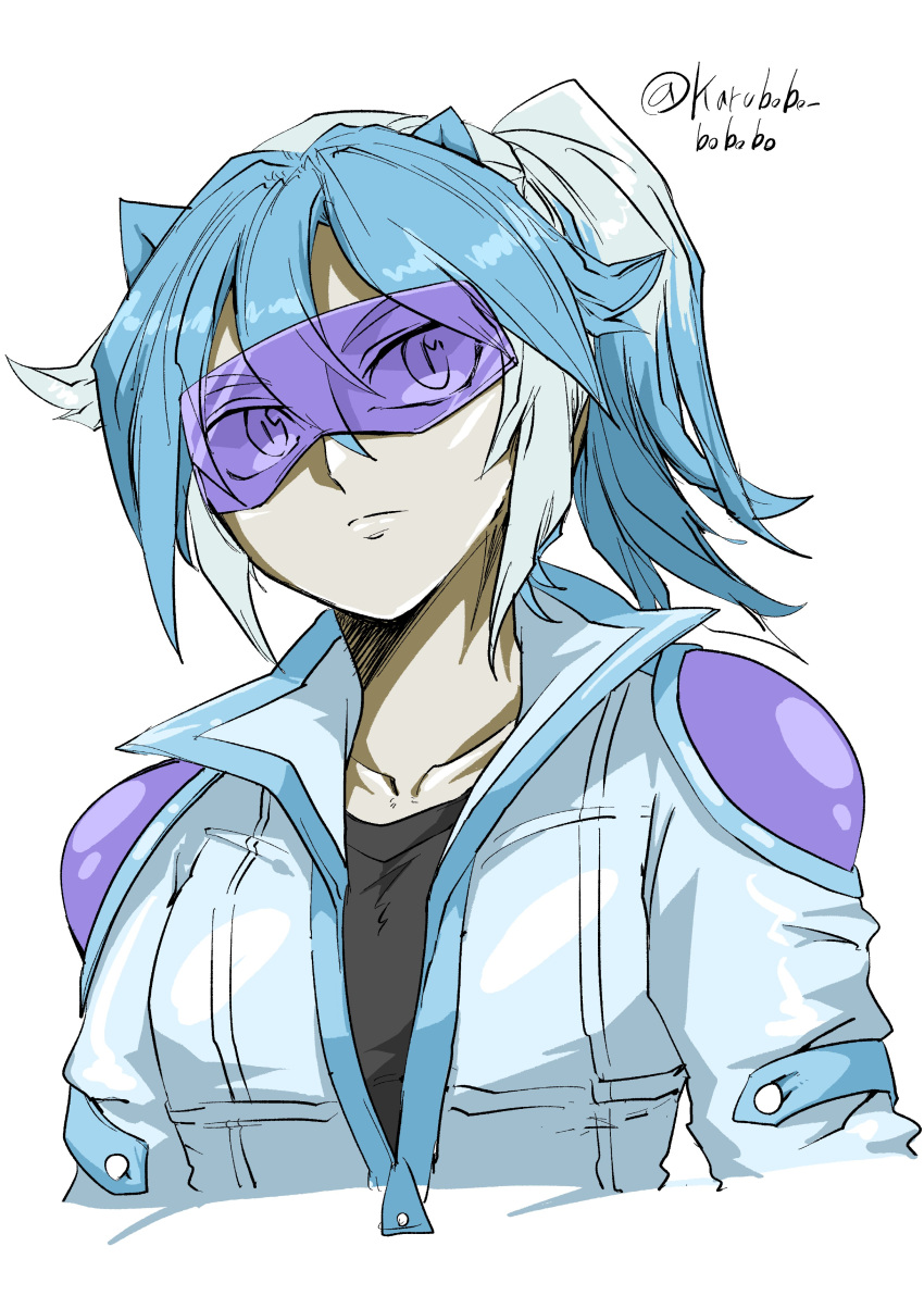 1girl, absurdres, black_shirt, blue_hair, blue_jacket, collarbone, goggles, high_ponytail, highres, jacket, karubobo, long_hair, personification, ponytail, purple-tinted_eyewear, shirt, simple_background, solo, stardust_dragon, tinted_eyewear, twitter_username, upper_body, white_background, white_jacket, yu-gi-oh!