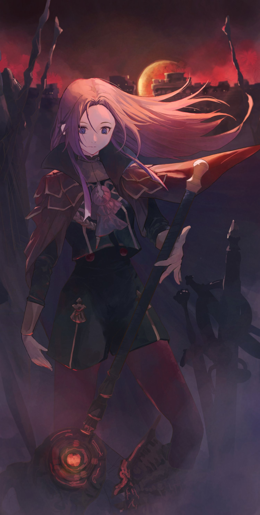 1girl, absurdres, amef, axe, brown_hair, cape, closed_mouth, commentary_request