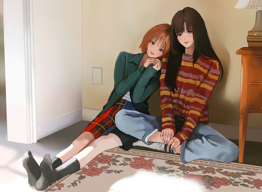 12_07sh, 2girls, black_socks, brown_hair, carpet, commentary, eunha_(gfriend), full_body