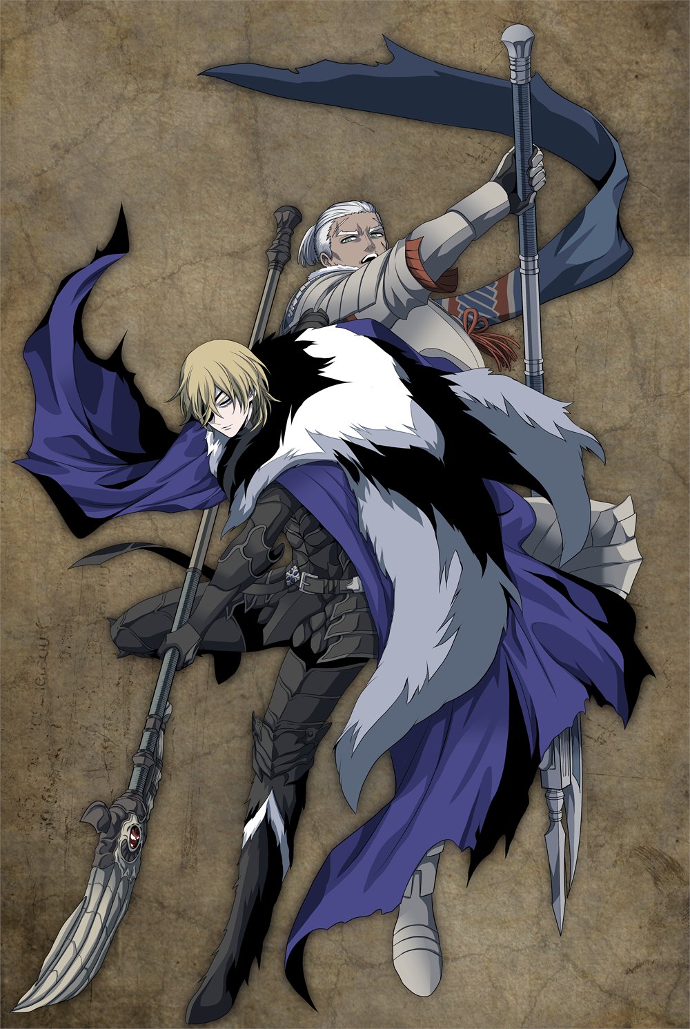 2boys, areadbhar_(fire_emblem), armor, arms_up, black_armor, black_fur, blonde_hair, blue_eyes