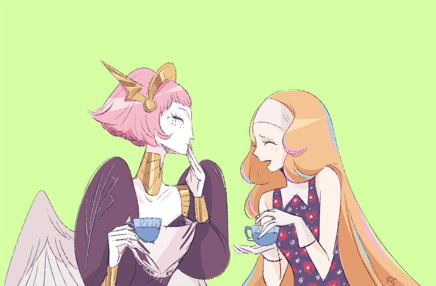 2girls, closed_eyes, closed_mouth, cup, dress, emmy_(shaburdies), feathered_wings, green_background