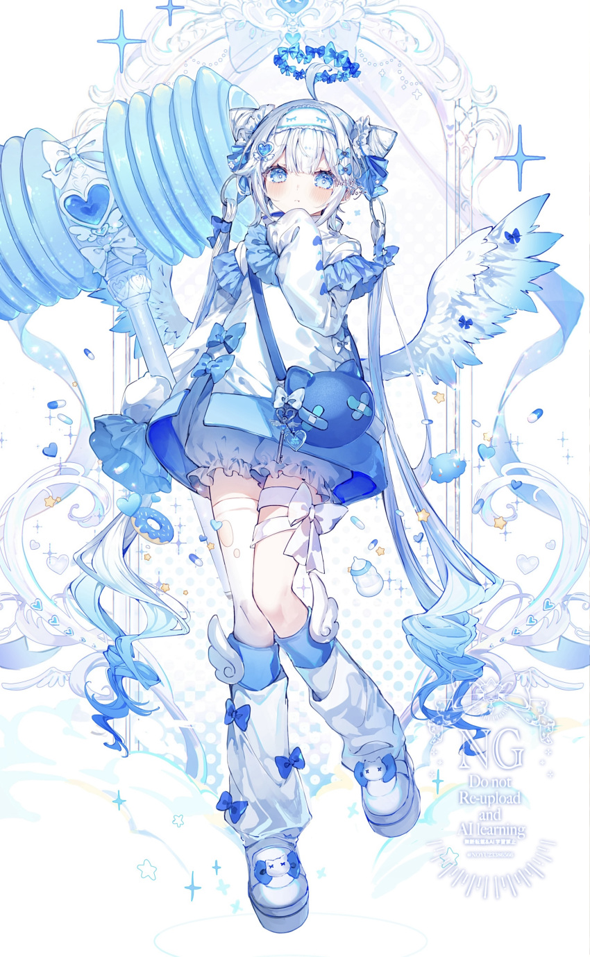 1girl, absurdres, ahoge, bloomers, blue_eyes, blue_hair, blue_socks, blush