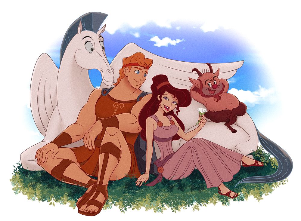 1girl, 3boys, ancient_greek_clothes, blue_eyes, brown_hair, dress, greco-roman_clothes, hercules_(1997_film)