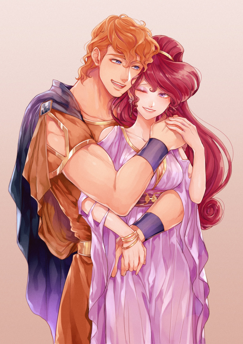 1boy, 1girl, :d, absurdres, ancient_greek_clothes, bangle, blue_cape, blue_eyes