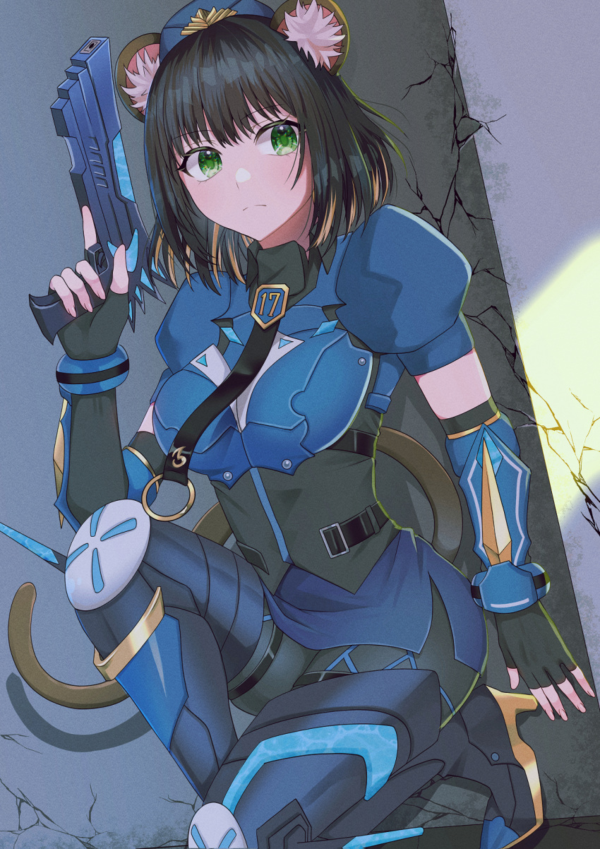 1girl, animal_ear_fluff, animal_ears, armor, black_gloves, black_hair, blue_armor, blue_skirt
