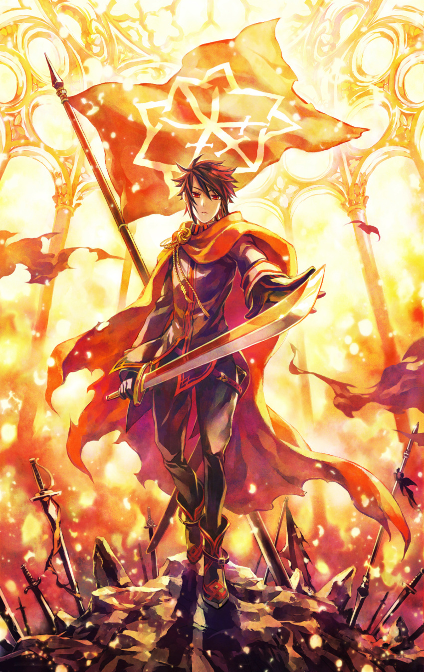 battlefield, black_hair, boots, brown_hair, cape, fire, flag, foreshortening, frown, highres, lucas_(pixiv_fantasia), male, minami_seira, original, pixiv_fantasia, pixiv_fantasia_5, polearm, red_eyes, red_hair, redhead, solo, spear, sword, trigard_(empire), trigard_empire, weapon