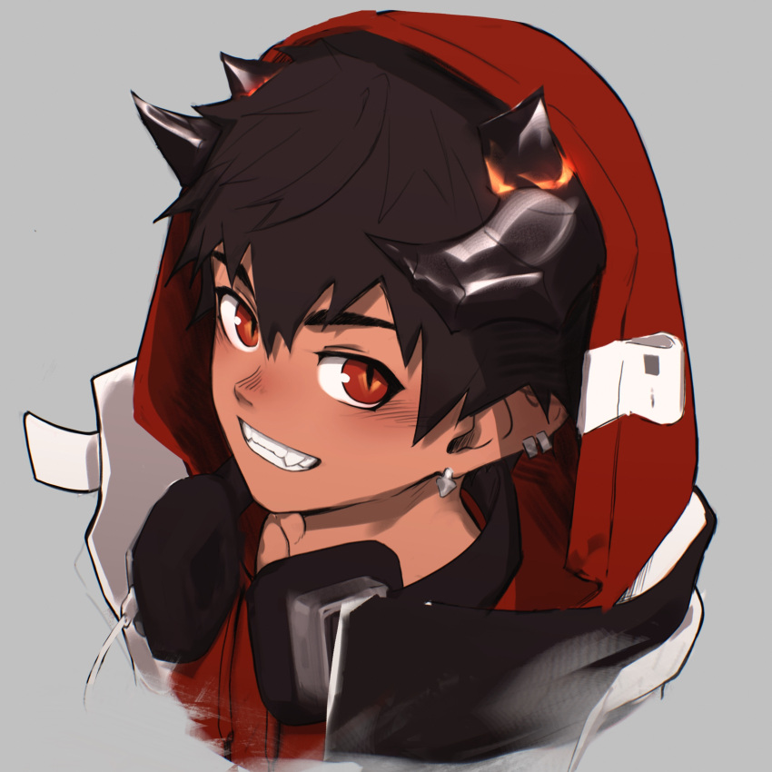 1boy, absurdres, arknights, blush, earphones_around_neck, earrings, fangs, grey_background