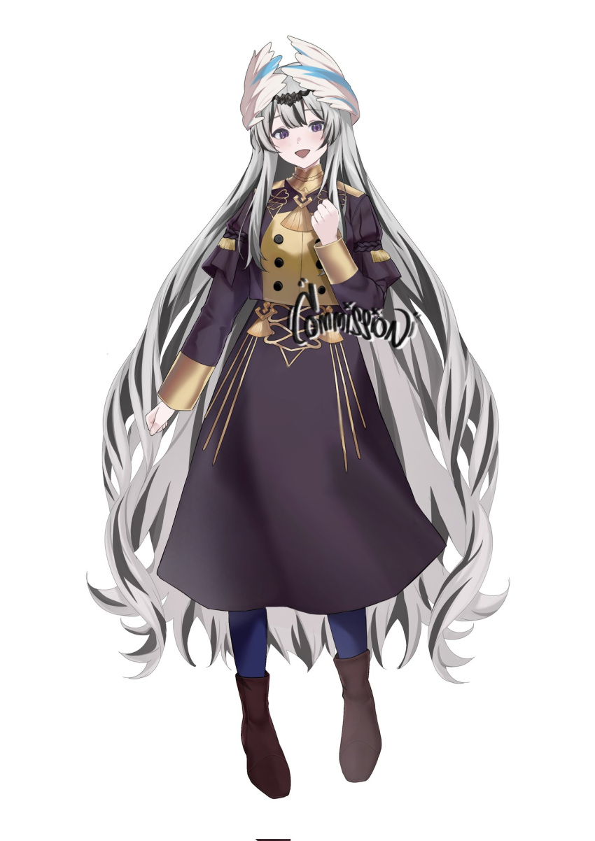 1girl, alternate_costume, ascot, black_hair, black_shoes, black_skirt, blue_pantyhose, blush