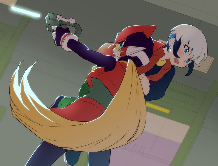 1boy, 1girl, android, black_hair, black_shirt, bliss_zero_(mega_man), blonde_hair, blue_eyes, bodysuit, breasts, eugene_chaud_(mega_man), genderswap, genderswap_(mtf), gloves, gun, helmet, holding, holding_gun, holding_weapon, in-franchise_crossover, long_hair, medium_breasts, mega_man_(series), mega_man_battle_network_(series), mega_man_zero_(series), multicolored_hair, open_mouth, pantyhose, red_vest, shirt, skirt, suppai-k, svc_chaos, two-tone_hair, very_long_hair, vest, weapon, white_hair, zero(z)_(mega_man), zero_(mega_man)