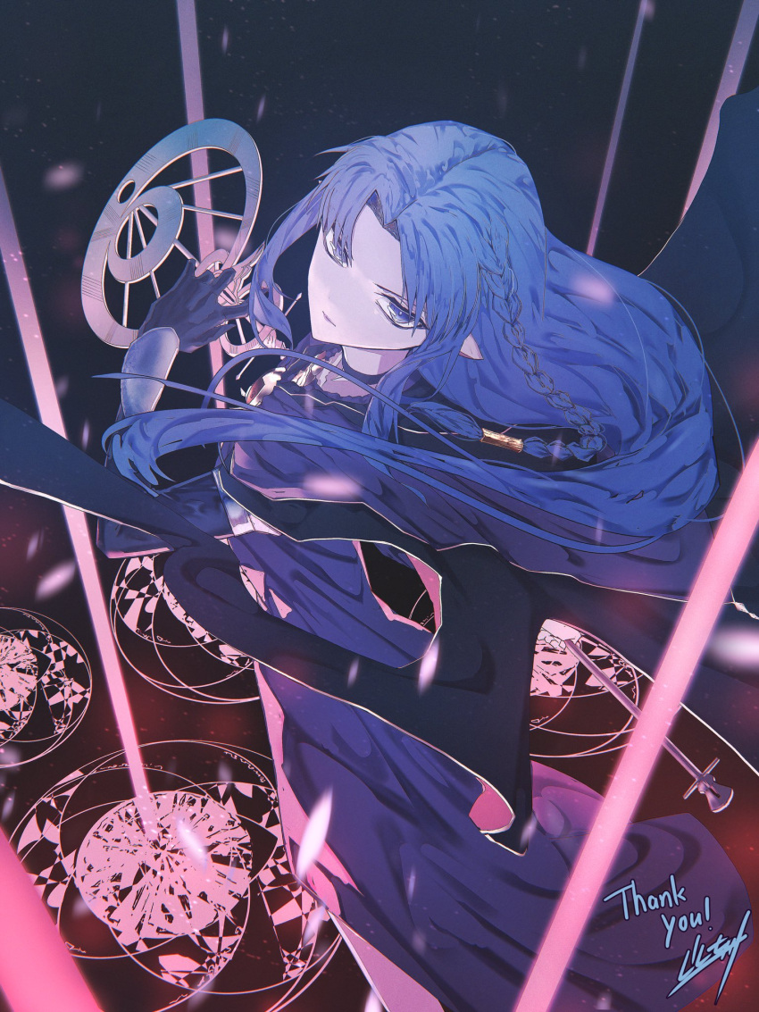 1girl, blue_eyes, blue_hair, braid, commission, dress, fate/stay_night, fate_(series), hecate's_staff_(fate), highres, holding, long_hair, long_sleeves, looking_at_viewer, magic_circle, medea_(caster)_(fate), medea_(fate), multiple_girls, pointy_ears, purple_lips, reluvy, side_braid, skeb_commission, solo