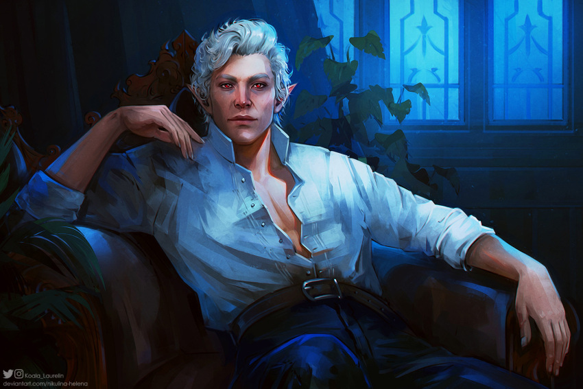 1boy, artist_name, astarion, baldur's_gate, baldur's_gate_3, belt, black_pants, collared_shirt, dungeons_&amp;_dragons, elf, indoors, laurelin, long_sleeves, looking_at_viewer, male_focus, pants, plant, poet_shirt, pointy_ears, red_eyes, shirt, sitting, sleeves_rolled_up, solo, twitter_username, vampire, web_address, white_hair, white_shirt, window