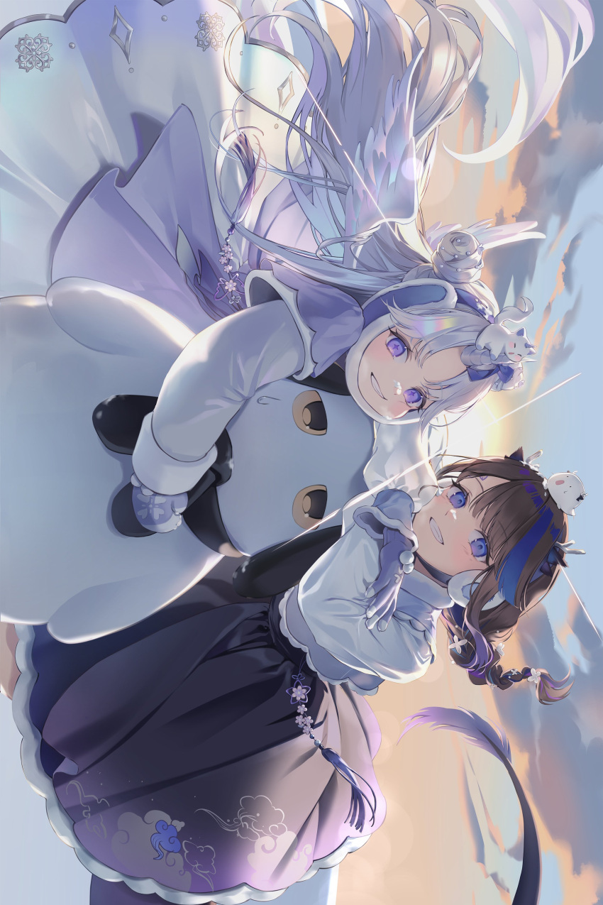 2girls, absurdres, airi_kanna, alternate_costume, arm_rest, arms_up, arnyang_(ayatsuno_yuni), ayatsuno_yuni