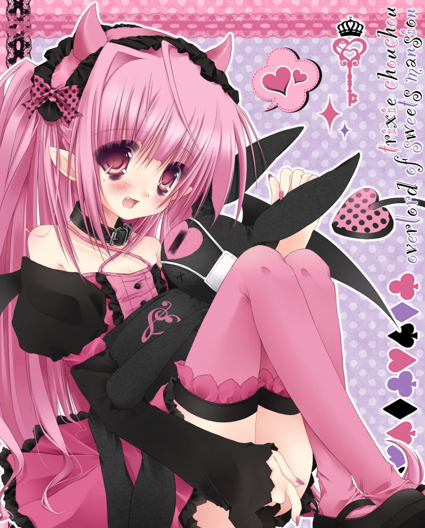 1girl, 2000s_(style), alice_(frilldevil), bags_under_eyes, black_choker, blush, choker, commentary, demon_girl, demon_horns, demon_tail, dress, english_commentary, flat_chest, highres, horns, juliet_sleeves, long_hair, long_sleeves, open_mouth, original, pink_dress, pink_eyes, pink_hair, pink_thighhighs, pointy_ears, polka_dot, polka_dot_background, puffy_sleeves, sitting, solo, stuffed_animal, stuffed_rabbit, stuffed_toy, tail, thigh-highs, trixie_(frilldevil)