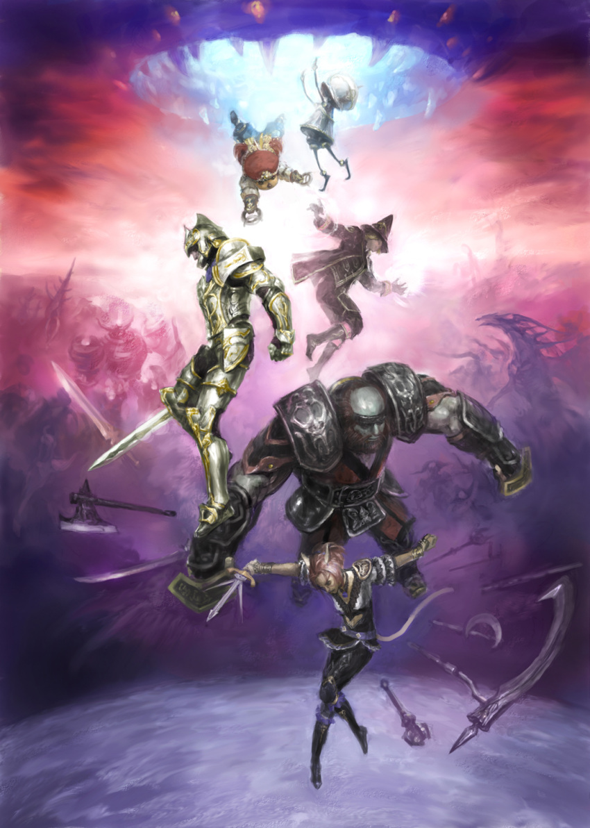 2girls, 3boys, adventurer_(ff11), animal_ears, armor, atomos, automaton_(final_fantasy), axe, beard, black_boots, black_hat, black_mage_(final_fantasy), blonde_hair, boots, brass_knuckles, breastplate, cat_ears, cat_girl, cat_tail, commentary, dancer_(final_fantasy), dragon, facial_hair, falling, full_armor, galka, gauntlets, greaves, hat, helmet, highres, hume, mithra_(ff11), monk_(final_fantasy), multiple_boys, multiple_girls, official_art, paladin_(final_fantasy), puppetmaster_(final_fantasy), red_hair, scythe, second-party_source, short_hair, suemi_jun, sword, tail, tarutaru, twintails, weapon, witch_hat