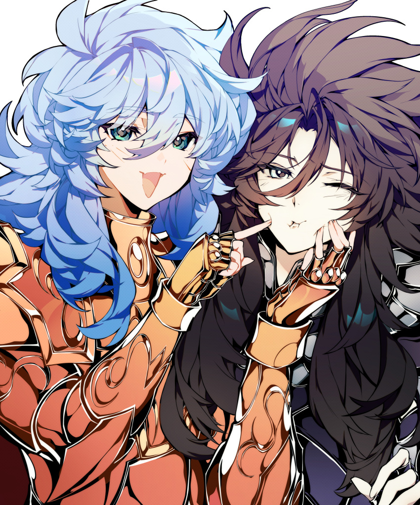 2boys, absurdres, androgynous, armor, bishounen, black_armor, black_hair, blue_eyes