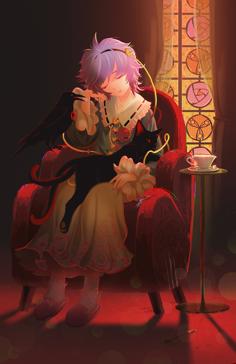1girl, armchair, black_cat, black_hairband, blue_shirt, buttons, cat, chair