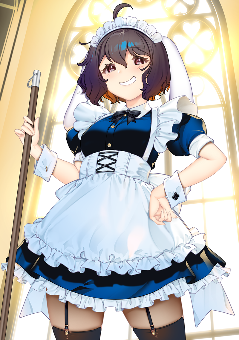 1girl, ahoge, alternate_costume, animal_ears, apron, black_bow, black_bowtie, black_thighhighs