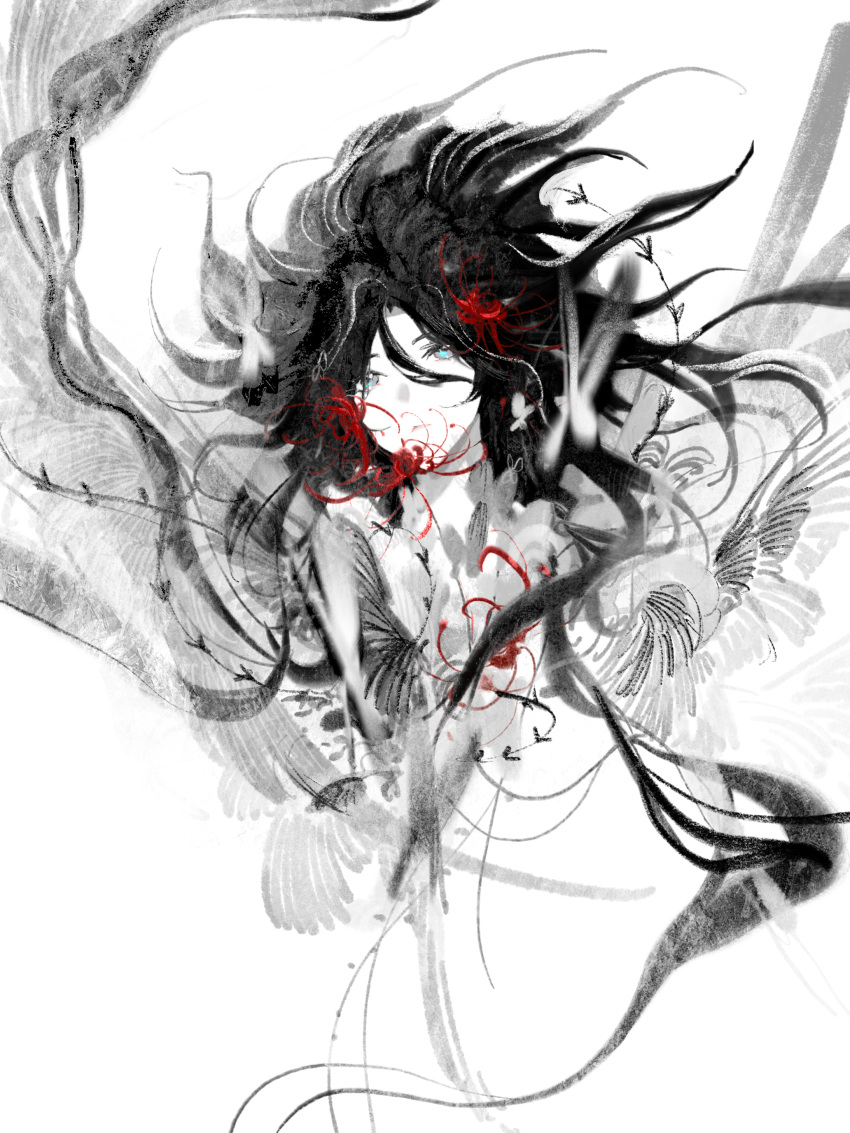 1boy, absurdres, black_hair, blending, blue_eyes, bug, butterfly, expressionless