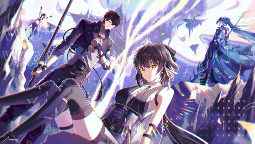 2boys, 3girls, absurdres, astrovique, back_cutout, bare_shoulders, black_bow, black_dress, black_gloves, black_hair, black_jacket, black_pants, black_thighhighs, boots, bow, breasts, chixia_(wuthering_waves), chromatic_aberration, clothing_cutout, commentary, cross-laced_clothes, cross-laced_dress, dress, dual_persona, elbow_pads, female_rover_(wuthering_waves), gauntlets, gloves, green_hair, green_kimono, grey_shirt, hadanugi_dousa, hair_bow, hair_ribbon, heavy_chromatic_aberration, highres, holding, holding_polearm, holding_sword, holding_weapon, jacket, japanese_clothes, jiyan_(wuthering_waves), kimono, large_breasts, long_hair, looking_at_viewer, male_rover_(wuthering_waves), multiple_boys, multiple_girls, outstretched_arms, pangu_terminal_(wuthering_waves), pants, polearm, reverse_grip, ribbon, rover_(wuthering_waves), scabbard, sheath, sheathed, shirt, signature, sitting, sleeveless, sleeveless_dress, spear, sword, thigh-highs, thighhighs_under_boots, thighs, weapon, wuthering_waves, yangyang_(wuthering_waves), yellow_eyes, yellow_ribbon