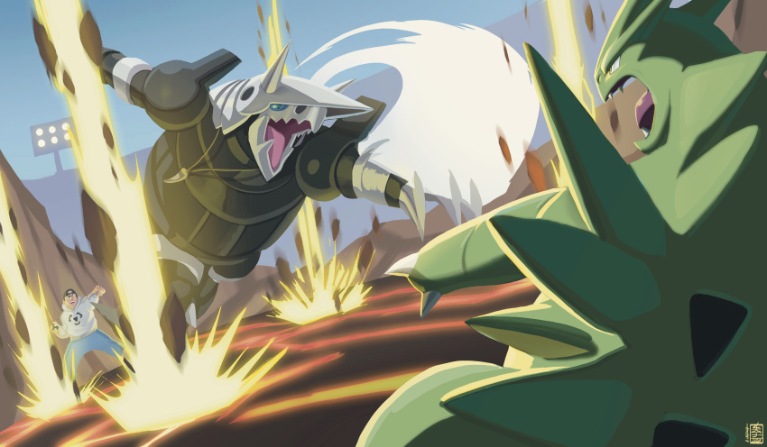 1boy, absurdres, acecore2k, afterimage, aggron, animal_focus, attack, battle
