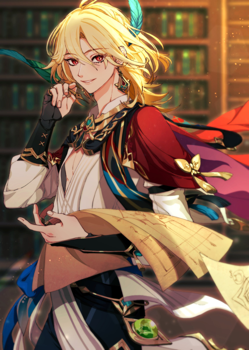 1boy, absurdres, blonde_hair, blueprint_(object), book, bookshelf, cape, commentary_request