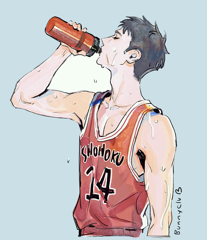 1boy, adam's_apple, arm_up, bare_shoulders, basketball_jersey, black_hair, blue_background, bottle