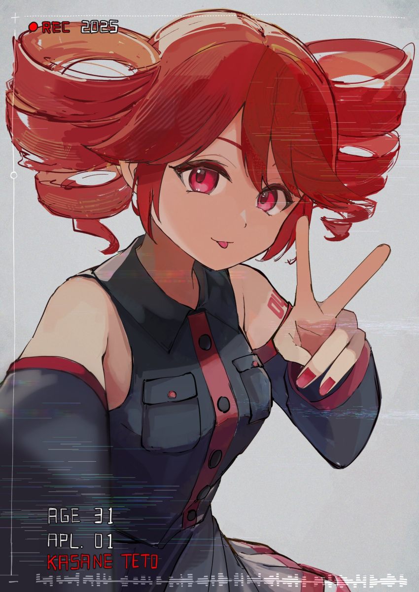 1girl, birthday, black_skirt, black_sleeves, breast_pocket, breasts, buttons, change_id_later, character_age, collared_shirt, detached_sleeves, dress_shirt, drill_hair, fingernails, grey_background, hashtag-only_commentary, highres, kasane_teto, pocket, recording, red_eyes, red_hair, red_nails, shirt, simple_background, skirt, sleeveless, sleeveless_shirt, small_breasts, solo, tongue, tongue_out, twin_drills, twintails, utau, v, wing_collar