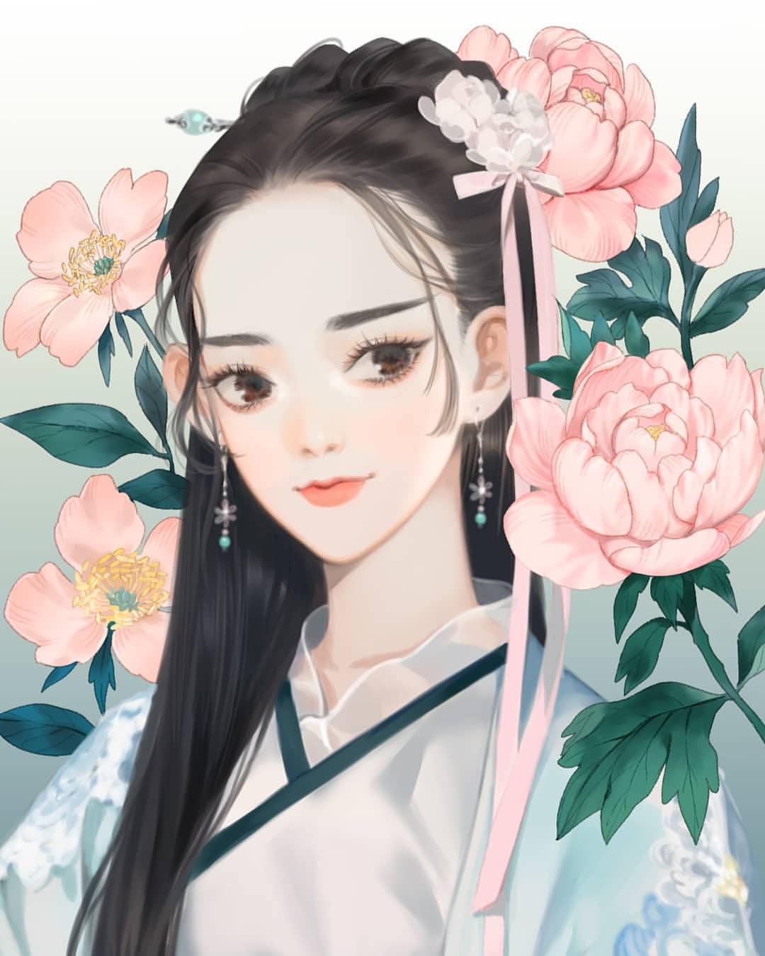 1girl, black_hair, blue_background, blue_jacket, bow, brown_eyes, bud, chinese_clothes