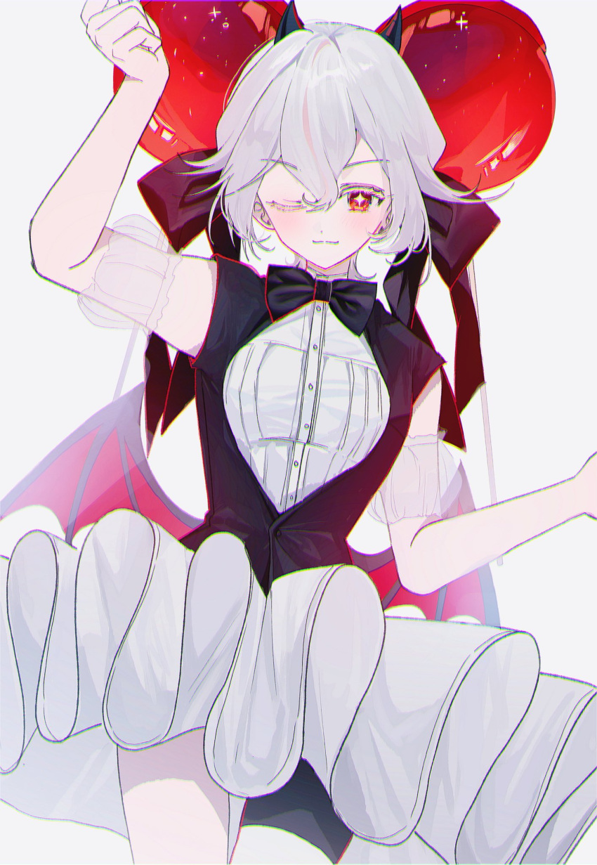 +_+, 1girl, ;3, arm_up, bear_do, black_bow, black_bowtie, black_horns