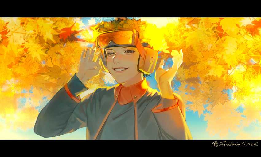 1boy, absurdres, aged_down, autumn, autumn_leaves, black_eyes, black_hair, blue_jacket