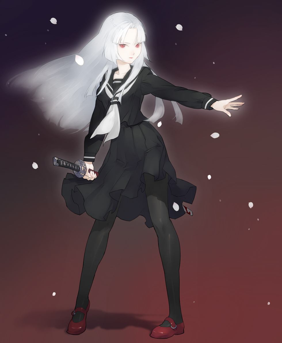 asa_(y-asa), black_legwear, black_pantyhose, flower, hime_cut, long_hair, looking_at_viewer, mary_janes