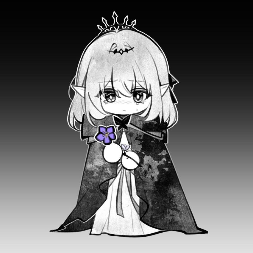1girl, blood, blood_on_clothes, blood_splatter, castorice_(honkai:_star_rail), chibi, cloak, commentary