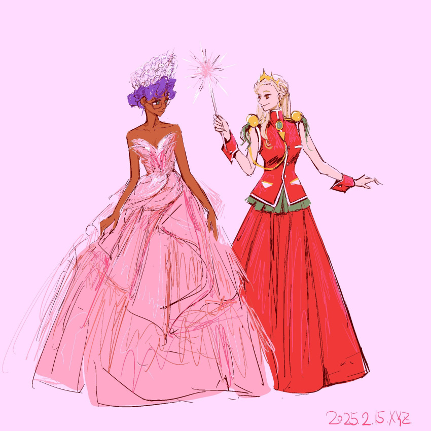 2girls, blonde_hair, brown_eyes, chinese_commentary, commentary_request, cosplay, crown, dark-skinned_female, dark_skin, dress, glasses, glinda, glinda_(cosplay), green_eyes, highres, himemiya_anthy, himemiya_anthy_(cosplay), holding, holding_wand, long_hair, multiple_girls, pink_dress, purple_hair, red_dress, red_wrist_cuffs, shoujo_kakumei_utena, sleeveless, sleeveless_dress, smile, strapless, strapless_dress, wand, wicked, windychariot, wrist_cuffs