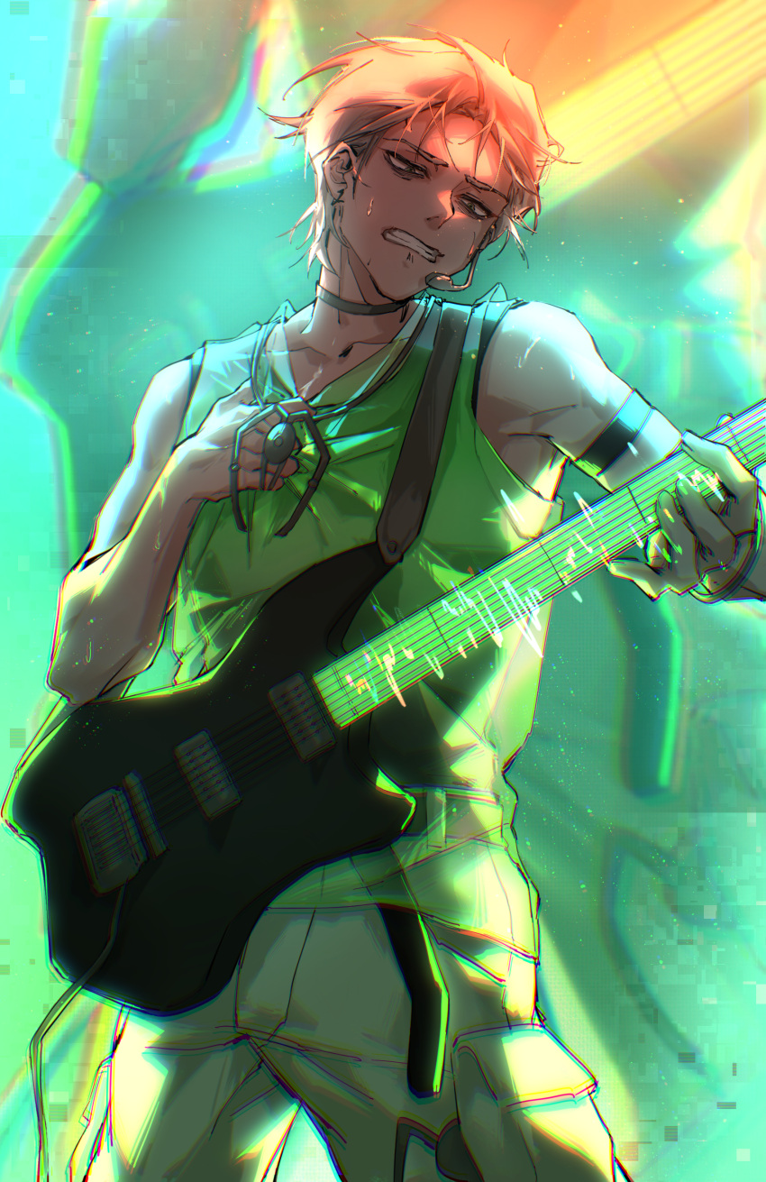 1boy, absurdres, alien_stage, armband, chinese_commentary, choker, clenched_teeth, clutching_chest, commentary_request, earrings, green_eyes, green_tank_top, grey_choker, grey_hair, guitar, headset, highres, holding, holding_guitar, holding_instrument, instrument, jewelry, male_focus, microphone, qingben075, short_hair, tank_top, teeth, till_(alien_stage), very_short_hair, zoom_layer