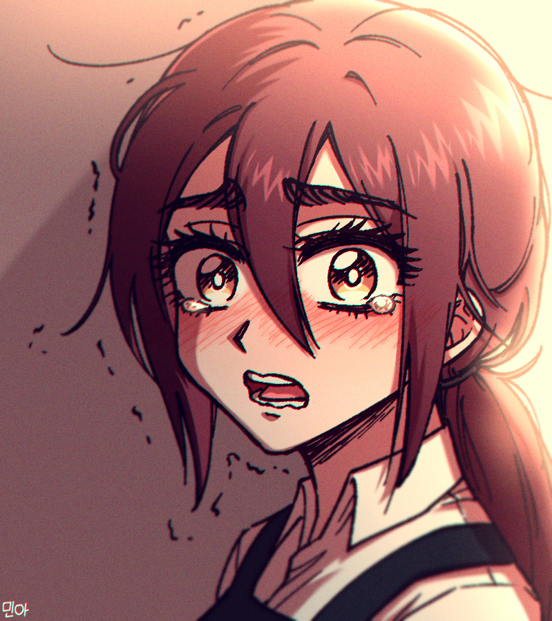 1girl, artist_name, blurry, brown_eyes, brown_hair, commentary_request, film_grain, gabi_braun, hair_between_eyes, korean_commentary, long_hair, mina_(als_dk), open_mouth, ponytail, portrait, shingeki_no_kyojin, sidelocks, signature, solo, tears, trembling, wavy_mouth