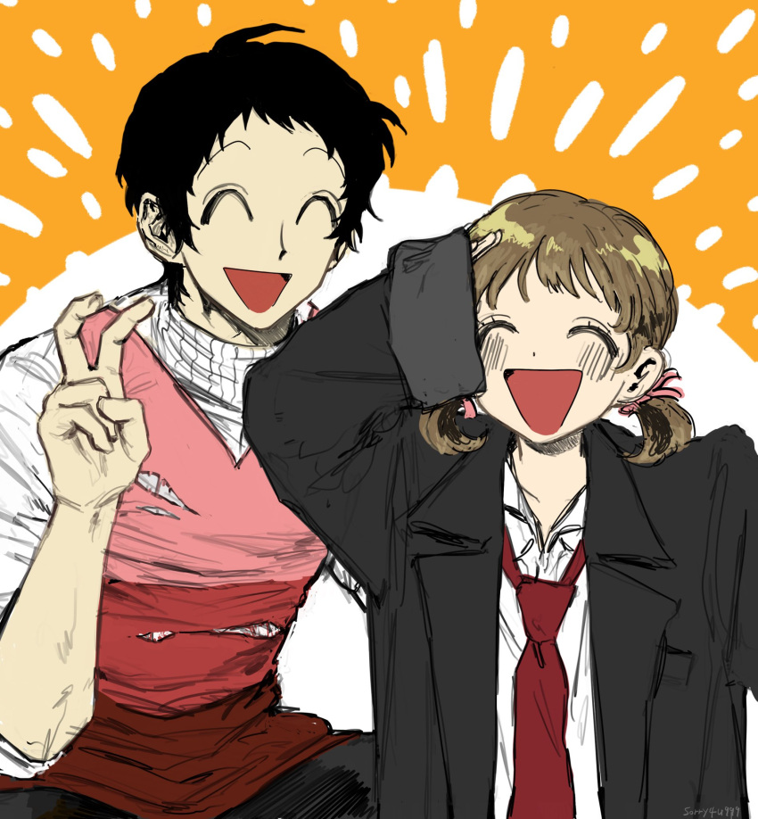 1boy, 1girl, adachi_tooru, black_hair, black_jacket, brown_hair, closed_eyes, collared_shirt